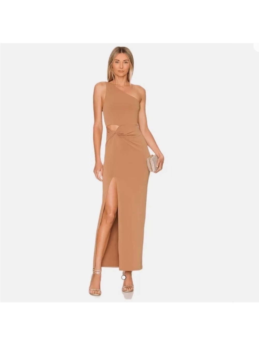 Alice + Olivia One-Shoulder Twist-Front Brown Gown